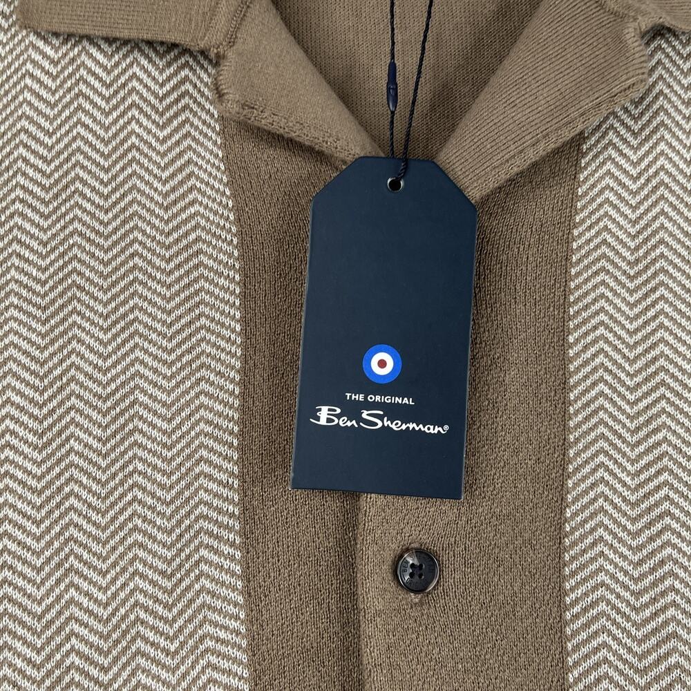 Ben Sherman Knit Shirt Medium Beige Chevron Button Up Short Sleeve Mens New NWT - Picture 3 of 9